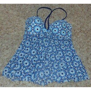 Womens Tropical Escape Tankini Swimsuit 10 Blue White Geometric Padded Swim Top